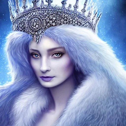 portrait of the most gorgeous, stunning, beautiful ice queen goddess with large wolf, intricate crystal ice crown, 8k resolution, high-quality, fine-detail, ornate, digital art, detailed matte, volumetric lighting, brian froud, howard lyon, selina french, anna dittmann, annie stokes, lisa parker, greg rutowski,