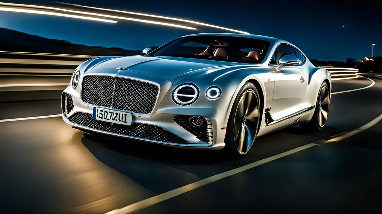 A sleek white shiny (((Bentley Jesko))), its contours and details perfectly captured in a (((cinematic view))), zipping along a winding road under a beautiful blue black night sky