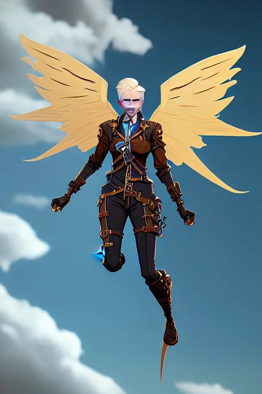 blond steampunk angel flying through blue cloudy sky