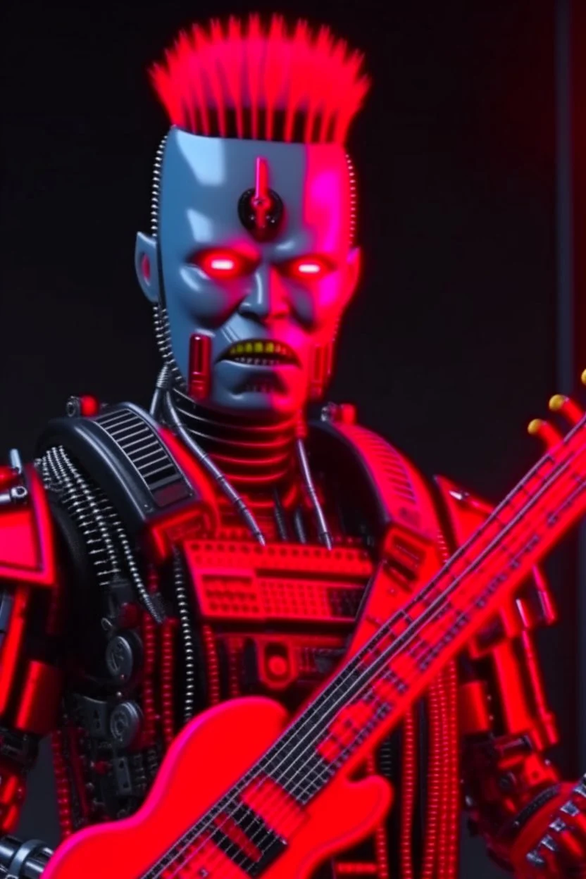 4K realistic A robot terminator with a red punk crest playing bass