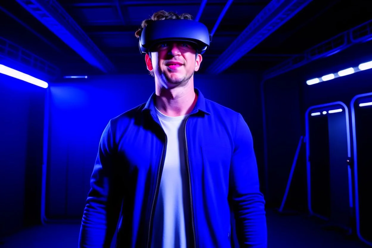 mark zuckerberg looking up in wonder wearing VR