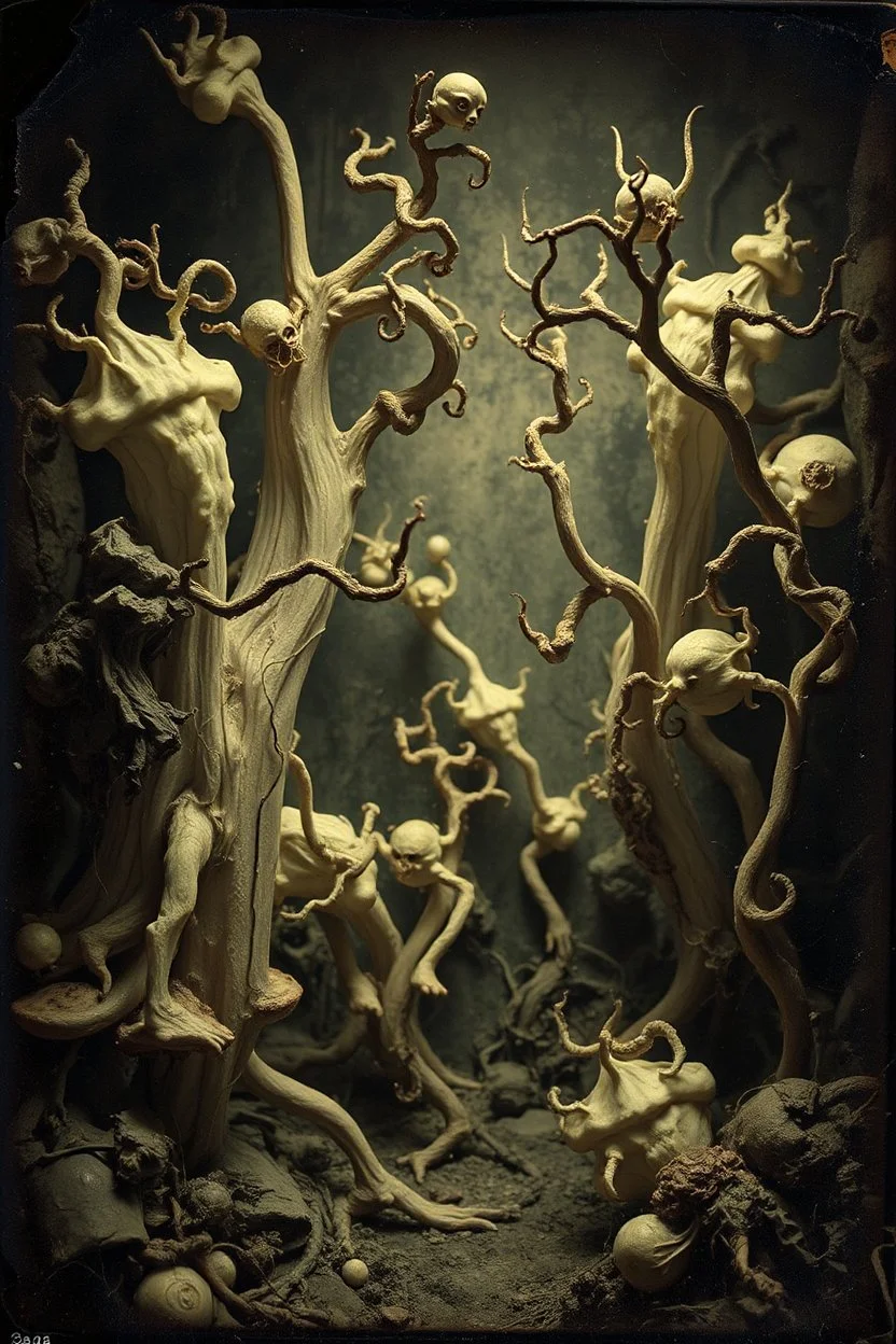 A daguerreotype-style close-up image of a surreal background inspired by Hieronymus Bosch and Max Ernst, featuring twisted organic forms, decaying botanical elements, and strange vegetal growths that seem to pulse with unnatural life. The entire scene is bathed in soft, ambient lighting that creates an otherworldly atmosphere, with areas of deep shadow contrasting against the pale, spectral glow of the figures.