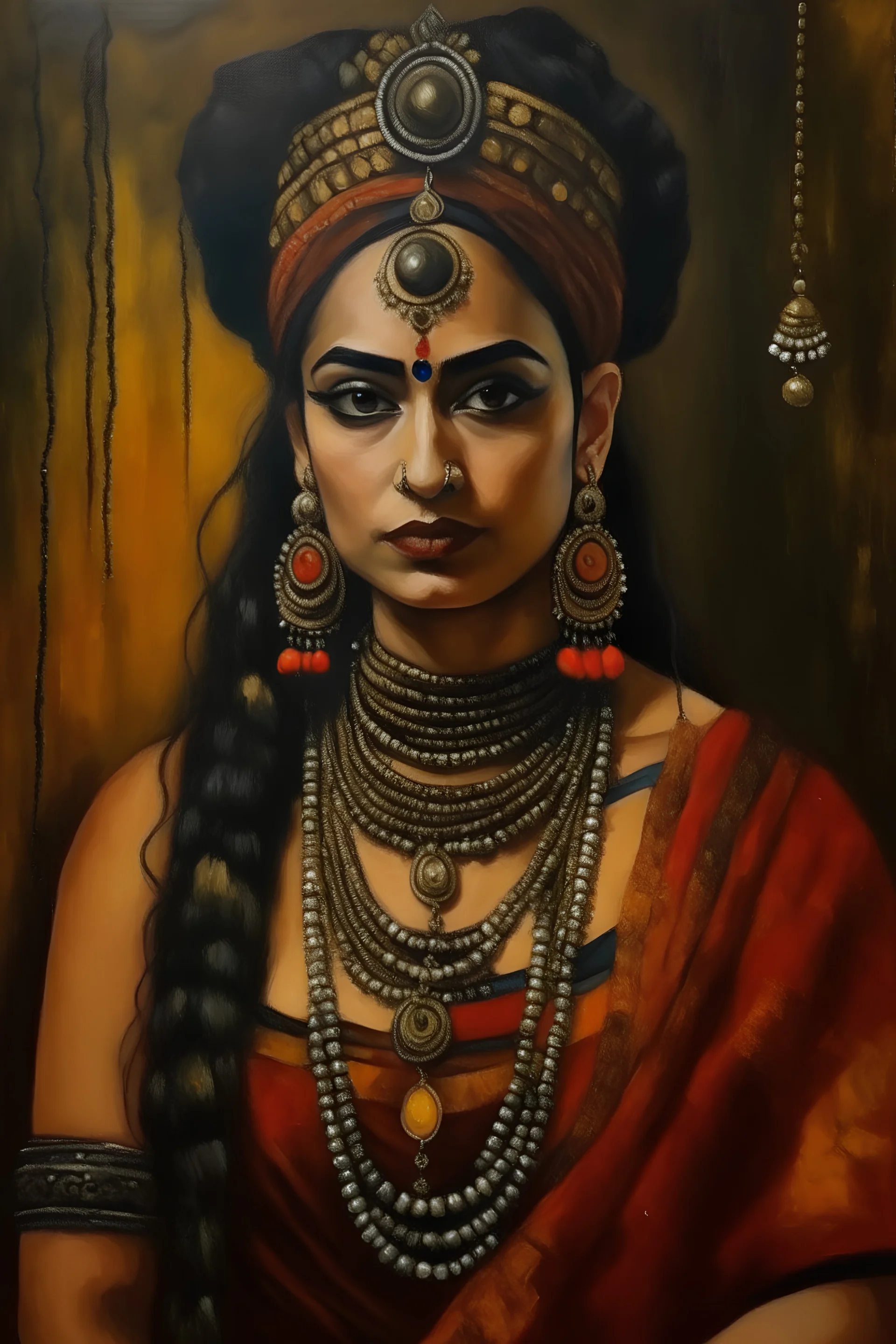 Artistic painting by paintbrush, Portrait of Hindu woman, in turban and hanging dreadlocks, heavy makeup, loads of jewellery, painted by in style of Frida Khalo