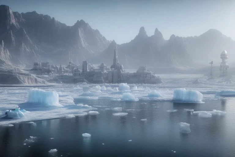 ice, lagoon, seashore, distant futuristic city, epic, sci-fi