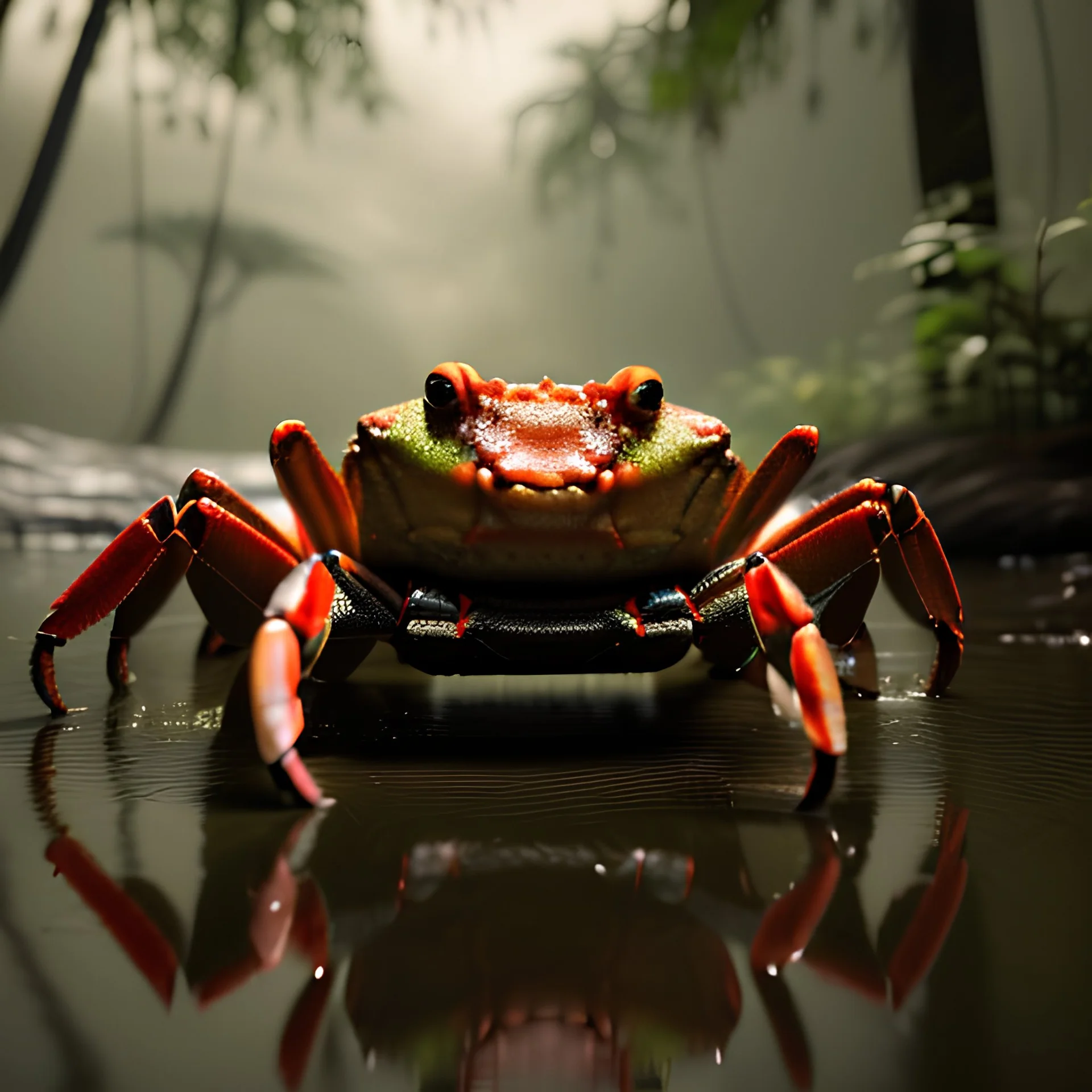 A guitar playing crab,sitting in a small swamp in the rainforest