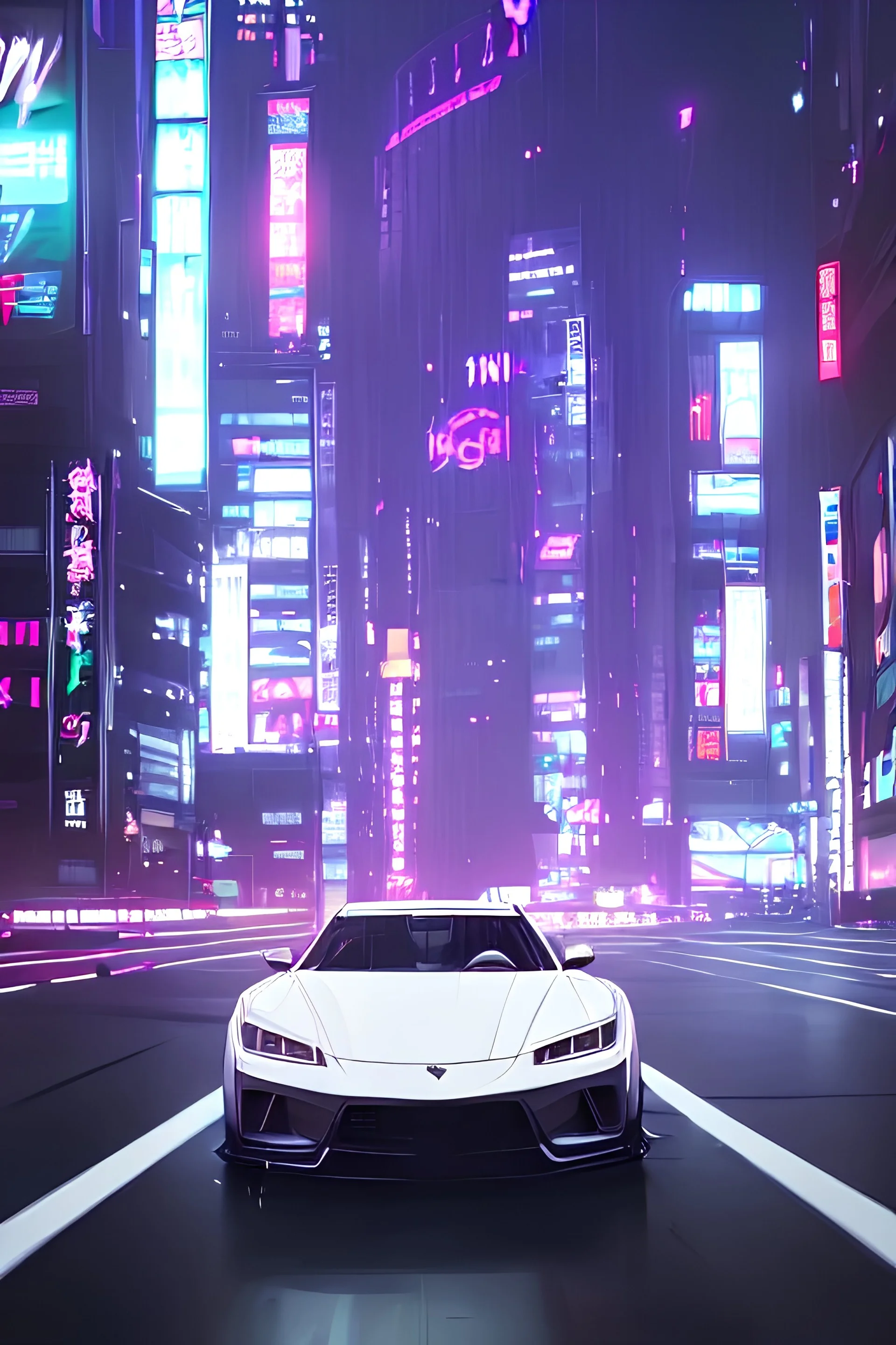 white euro car driving sideways in tokio city rainy night drifting burnout skyscrapers in background cyberpunk