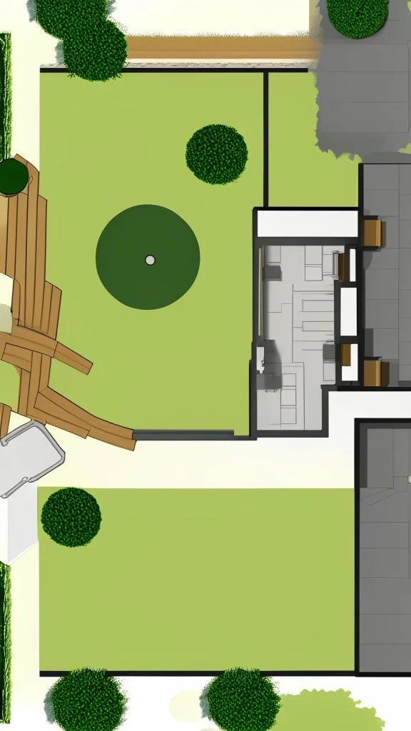 Make a floorplan of a back and front garden using the image as inspiration