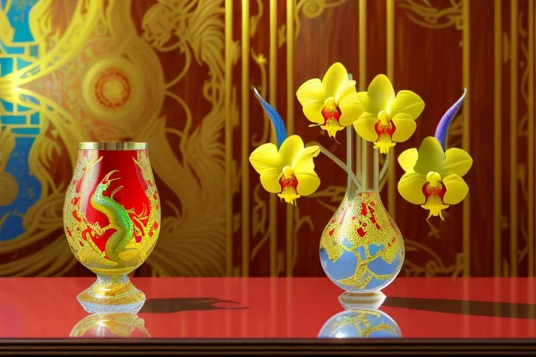 1512857901 hypersigil photograph of a beautiful yellow and red orchid in a clear glass rococo inspired vase on a mirrored deco themed end table in a shadowy corner of a nouveau era room with wood paneling in the style of Robert maplethorpe, tropical birds, lizards, snakes, insects, gorgeous, shamanic, ethereal, photorealistic, embellishments, long shot, wide shot, dof, deep focus, 3d render