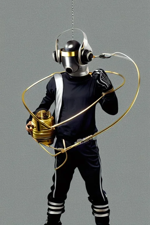 Metallic Cyber-punk man with camera-mask and old AKG-style headphones with golden rings. Fencing mask covers man's cheeks. Good body shape. Reflective plastic. Body and head full of integrated old-fashioned cameras. Ancient silver telephone attached to perfect body, trunk. Euclidean 3D-tiling, Escher tiling, background. Cables from joints. Daft Punk, Tron&Matrix movies, black leather jacket, tippet. Black latex areas in black leather surfaces body. 1990's. Trypophobia, noctuid eyes