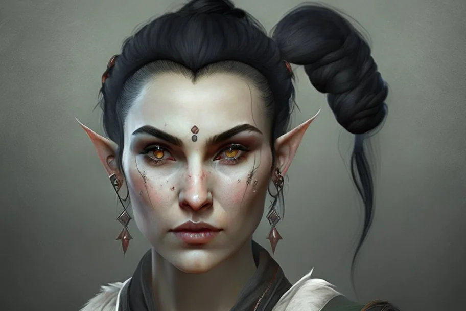 A Fantasy elf, a white male with black hair tied up in a bun, a scarred left eye. Full body