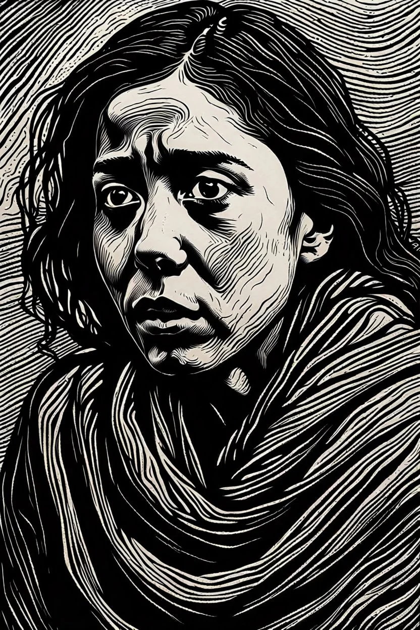 create an abstract, deeply powerful tragic, heart wrenching, and evocative, full body woodcut of an anguished young refugee woman with highly detailed and deeply cut facial features, lost in a horrific post apocalyptic Gaza, in the style of KATHE KOLLWITZ and PAUL GAUGUIN, searing lines and forceful strokes, semi photo realism