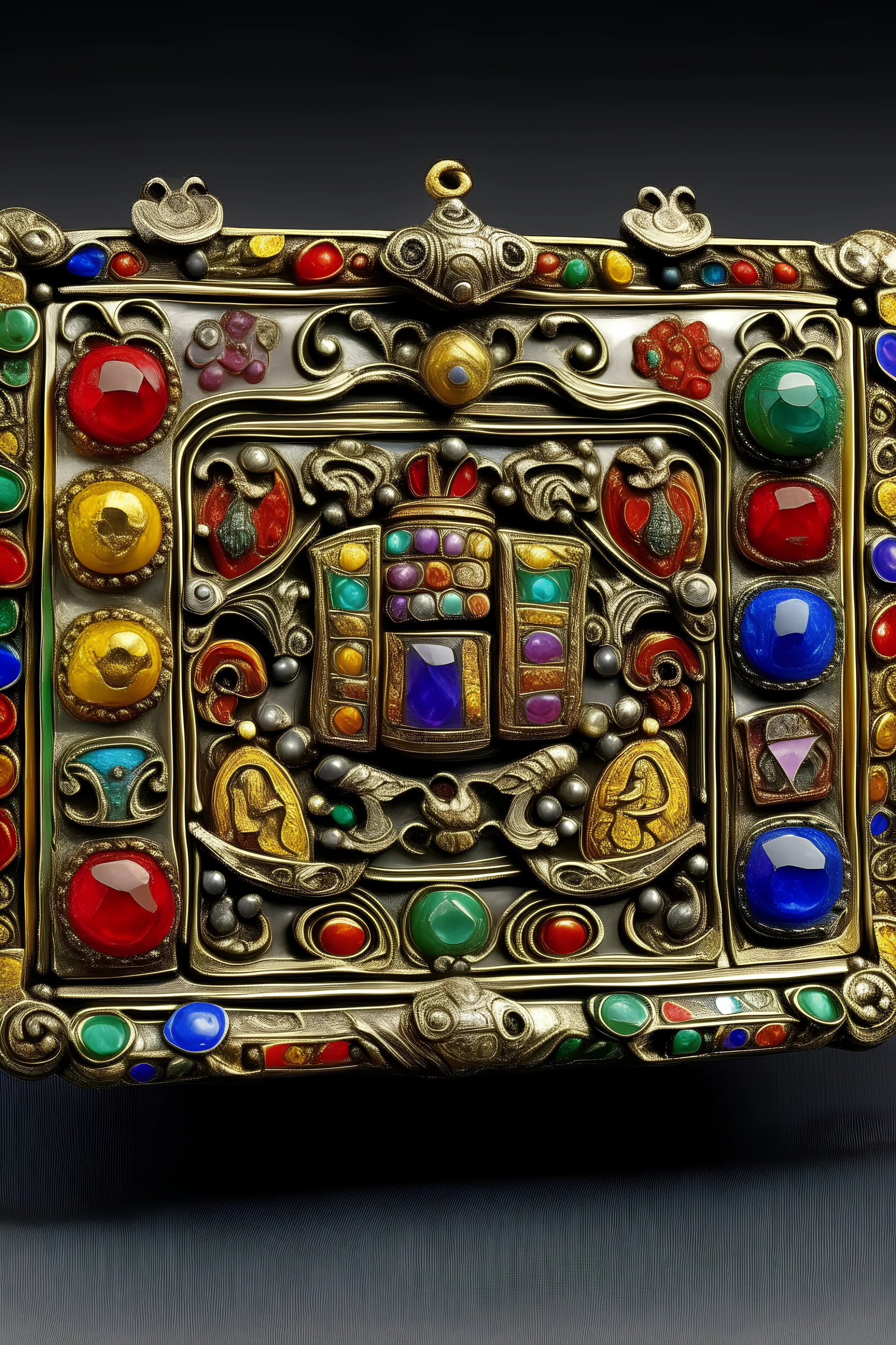 pectoral cuadrado, grande, con 12 gemas preciosas de diferentes colores y brillantes caricaturesco, colgado en el pecho de un sacerdote judio
