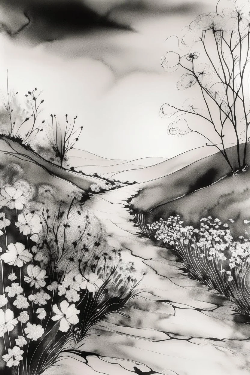 the primrose path; Ink Wash; black and white with pale pastels