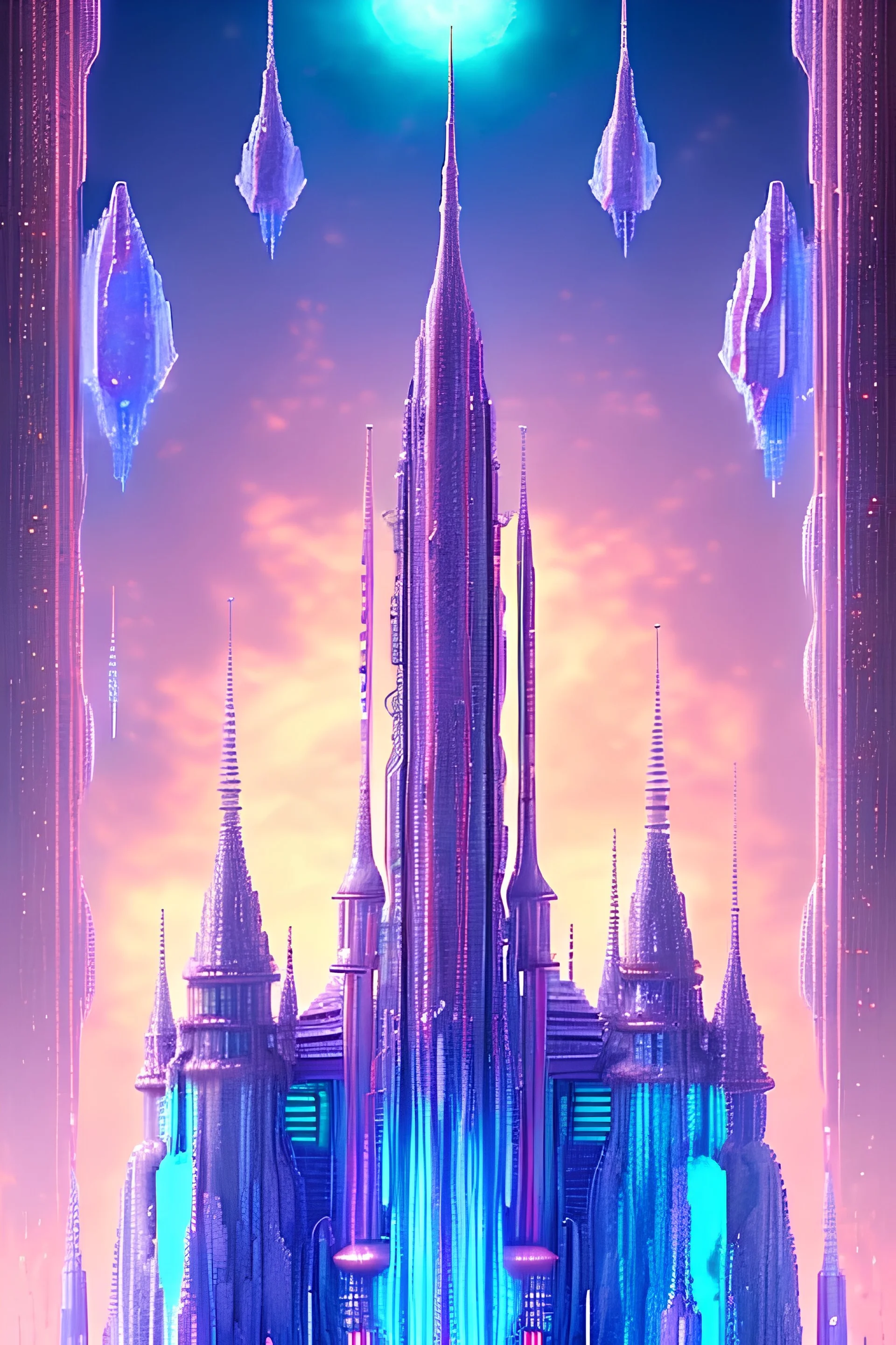 very small and prety Cristal castel , couleur bleue forte et rose pâle, détaillé, vue de face, 8K, détails complexes, cyberpunk,soleil couchant crystal city crystalline in the sky, renderin, room, cosmic, opalescent, 100mm, opalescent, gemstones, crystals, object, other worldly,water, cristal rock ,bright, ice backg