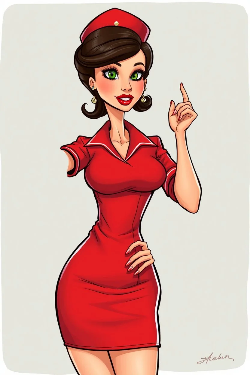 realistic cartoon in the style of Francois Walthery's Natacha series of adventurous, elegant brunette French stewardess lady, aged 50 posing in a tight, short, red uniform dress. She has green eyes, strong makeup, big bright red lips, long lashes and long red fingernails. She looks a bit like Jeanna Fine.