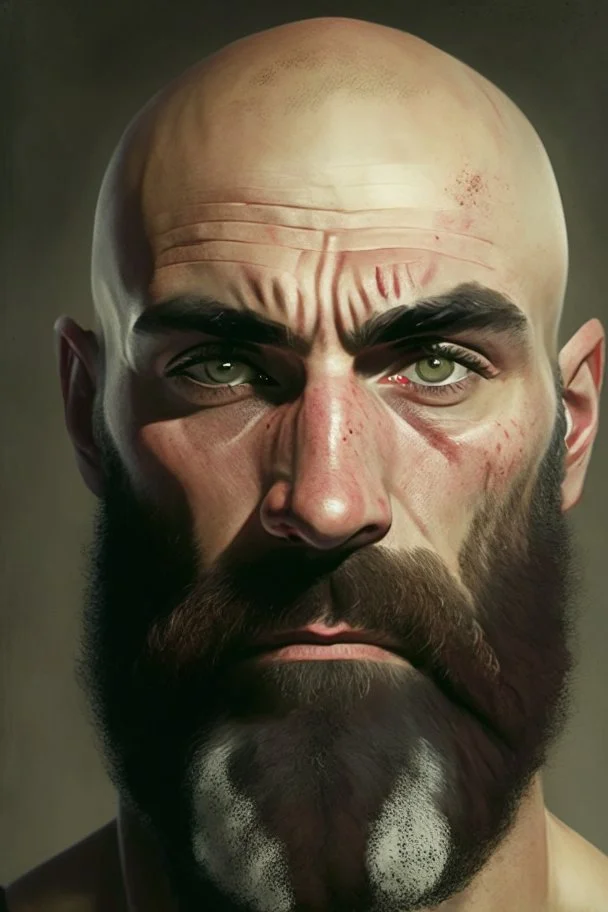 Portrait of a bald man, muscled, with quite-long brown beard, a black bandage covering his left eye