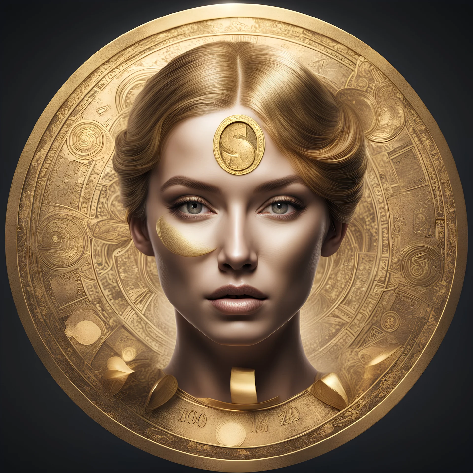 golden round money, magic magician's women face, front view