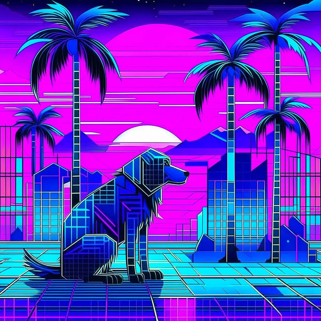 A 2D Vaporwave would depict the robotic dog from Doctor Who in bright neon purples, pinks, and blues, with digital glitch patterns, gradient transitions, and a retro-futuristic background of grid patterns, pixel art palm trees, and Japanese kanji characters, blending K-9’s boxy, angular form with the nostalgic and surreal aesthetics of vaporwave, he is a robot dog, and is blocky.