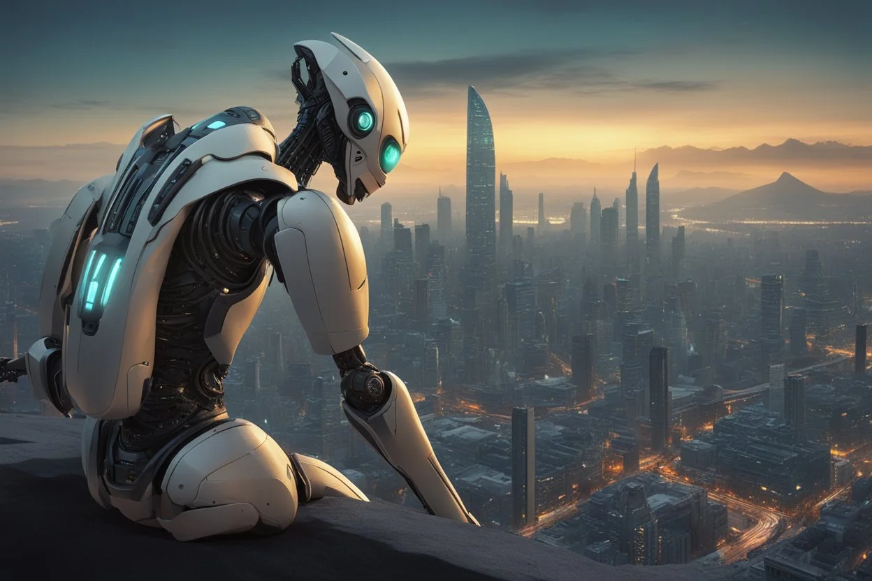 Humanoid robot looking out over an alien city skyline at dusk