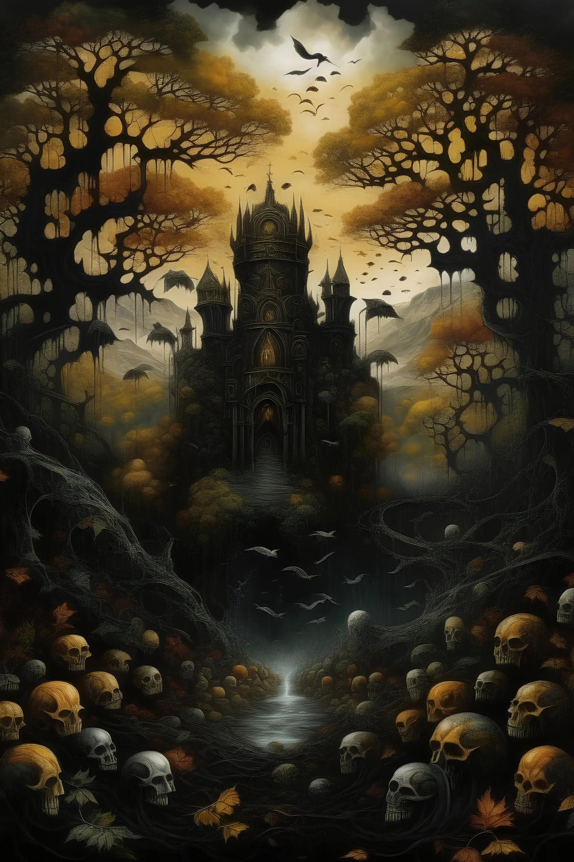 black kingdom with garden of faces in autumn dream