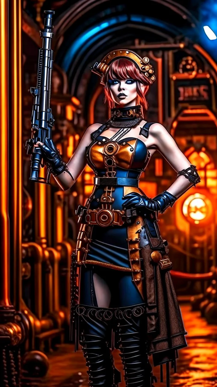 Full Body Photo Of A Steampunk Burlesque Woman With Straight Hair And A Fringe Hairstyle, Holding A Laser Gun, Sci-Fi Steampunk Background