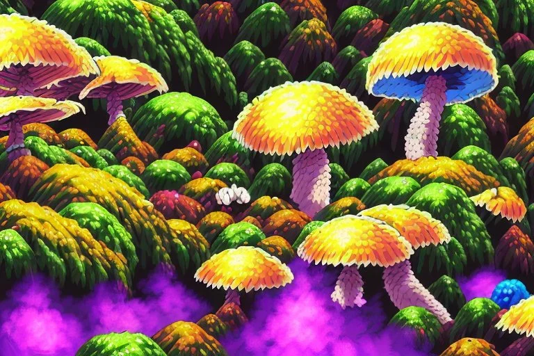 Fungi Forest: Bizarre fungi radioactive forest, hallucinogenic, surreal landscape, captivating flora and fauna, hazardous conditions, intricate details, vibrant colors,