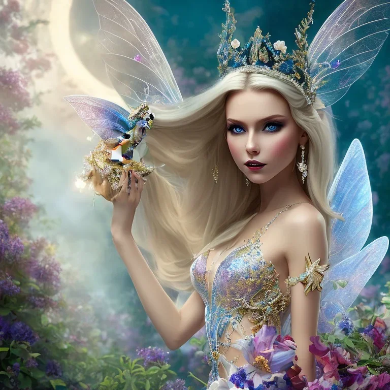 Fantasy cute fairy with wings, smiling, make up, long blond platinum hair, blue eyes, crown, beautiful dress, flowers in background, HQ