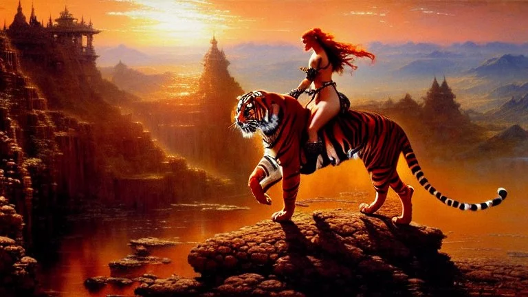 Drawing of beautiful face,'Red Sonja riding a Tiger',intense stare, ancient metal armor, balanciaga fashion clothe painting by gaston bussiere, greg rutkowski, yoji shinkawa, yoshitaka amano, tsutomu nihei, donato giancola, tim hildebrandt Oil on canvas, cinematic composition, extreme detail,fit full head inside picture,16k