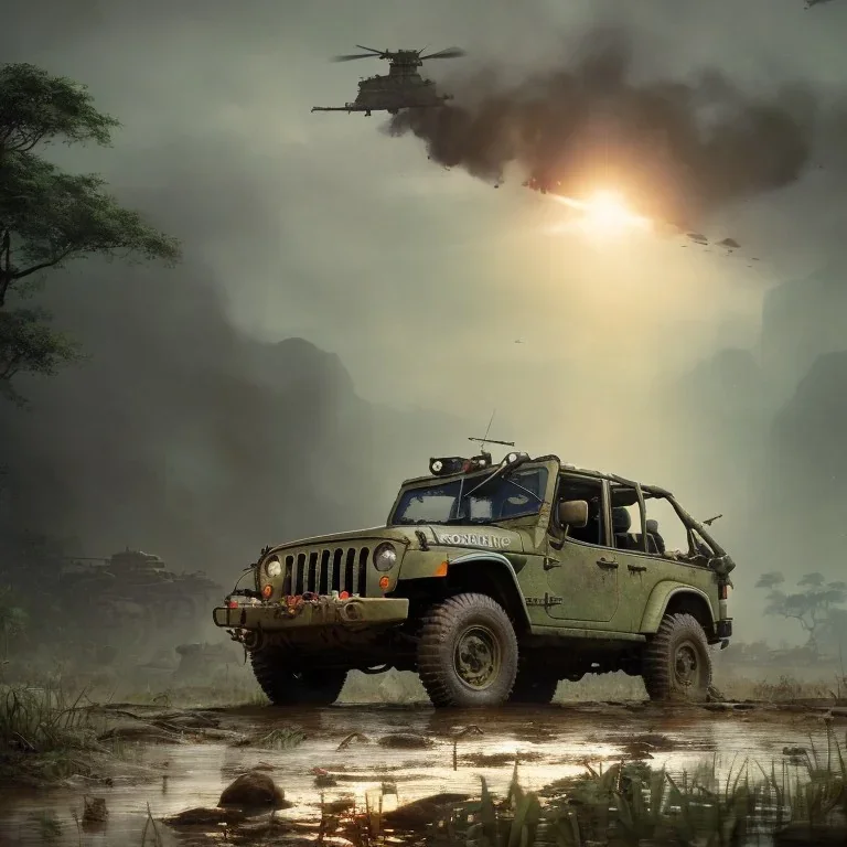 vietnam war. war report. jeep in jungle. poster. bokeh. lens flare. warm lights. high detailed. beksinski