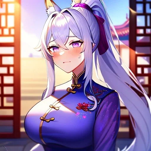 Clear focus, 8k, high quality, detailed, beautiful lighting, fox girl, vibrant colors, white long hair, vibrant purple eyes, chinese clothes, ponytail, nervous