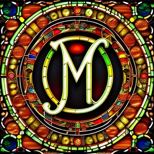 round coaster of letter M with stained glass window effect, highly detailed, intricate, warm colors, stained glass window, glossy from rain, warm lighting, dramatic lighting