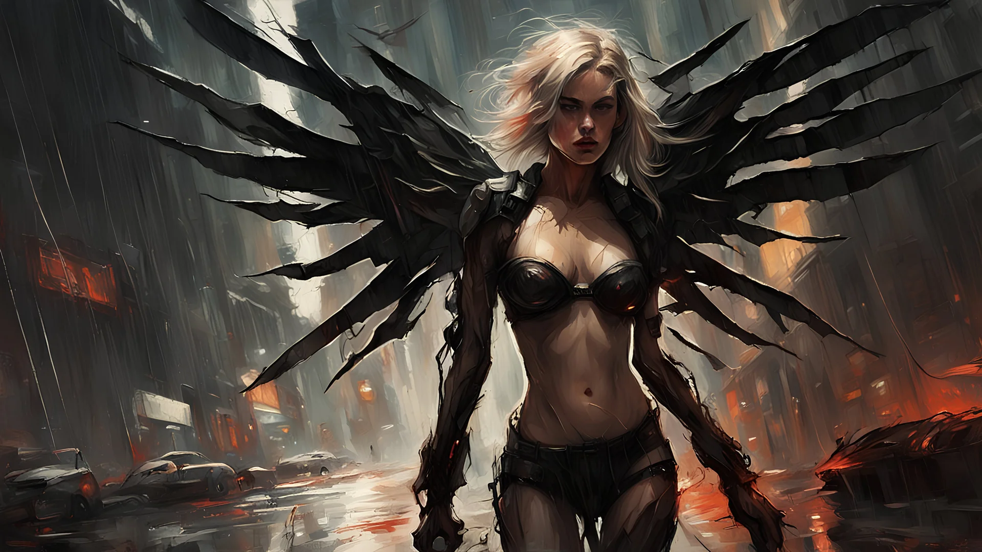 biomechanical women, beautiful, cyberpunk, dusty blonde, short square, large biomechanical black wings, sword, cybernetic, dynamic pose, rain, wind, ashes, flashes of fiery threads, sketch art, fine lines, grunge, sensual, darkness, dark colors, by Raymond Swanland & Alyssa Monks & Anna Razumovskaya