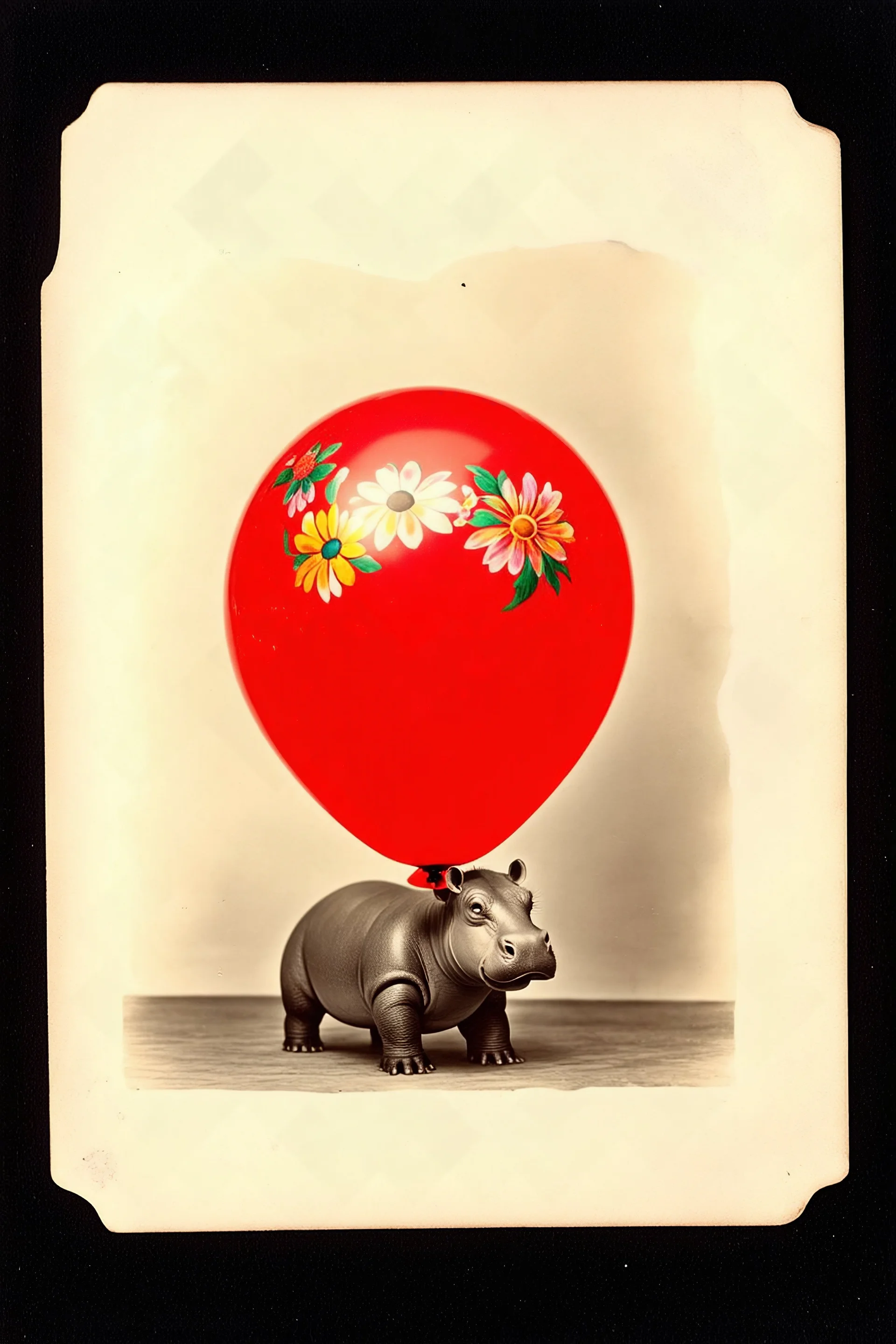 Hippopotame avec fleurs peintes, sur un balon rouge,, tintype