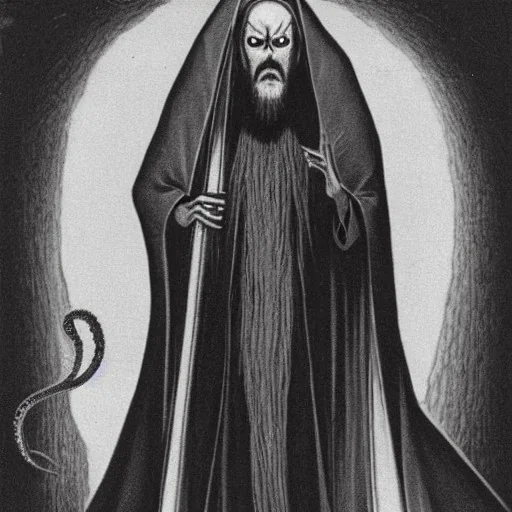 Nosferatu vampire with tentacle beard hair and vampire fangs and grey skin as a Russian Orthodox