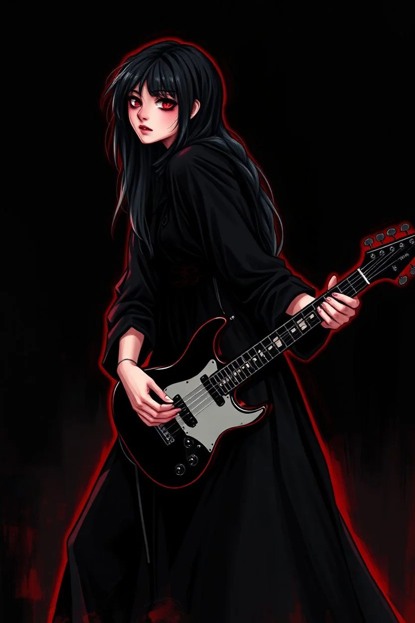 pretty goth girl(dressed in black flowing robes) rockin' on the guitar, leaning back, dark background, red outline, vignette, digital painting