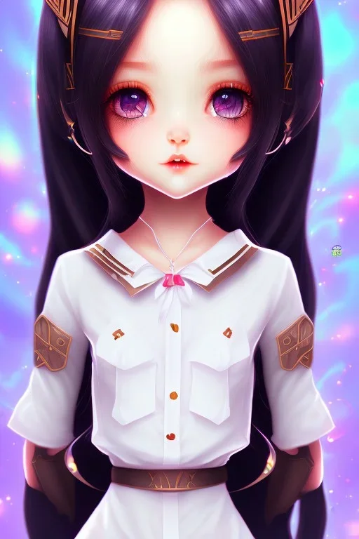 Loli, hands behind back, wholesome, innocent, long black hair, tilted head, brown