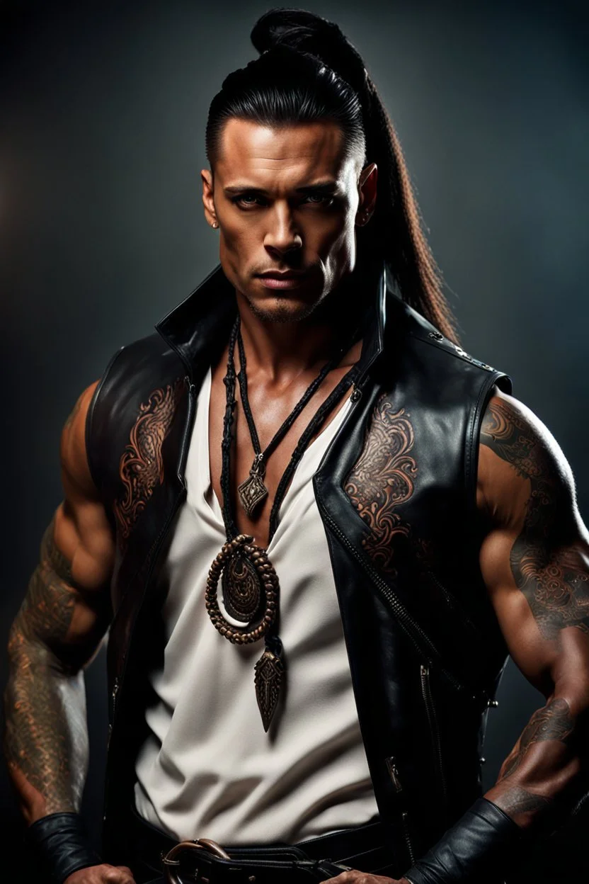 portrait of a 35 year old Handsome muscular male with dark bronze skin adorned with tattoos. His long dark hair is tied back in a pony tail. He's wearing a leather vest and has a dagger which hangs from his belt. Dark fantasy. Hyperrealistic