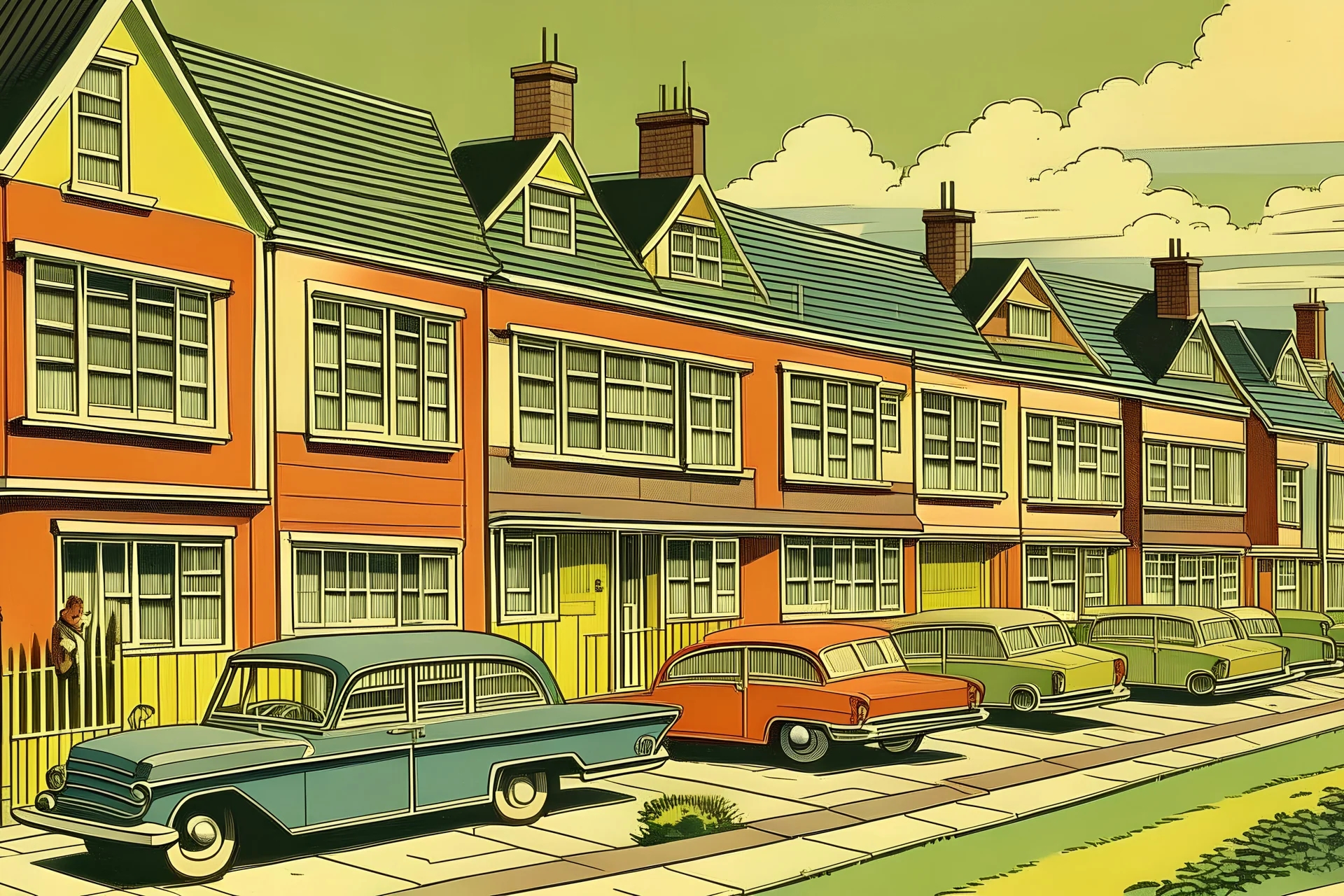 lav en farverig illustration af Hvordan opvarmede man boliger i 1950'erne og fremad i Danmark