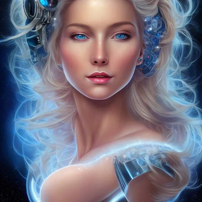 A beautiful portrait of a young galactic woman with a smile blonde hair with a little clear helmet in a galactic suit in cosmos blue