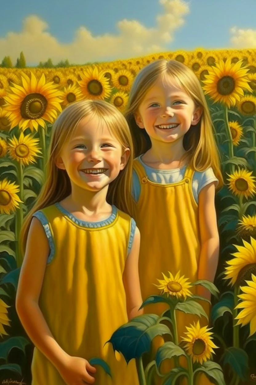 Neoclassicism 2 childen stanting in a field of sunfowers painting yellow realistic cote d'azur sunflowers smiling