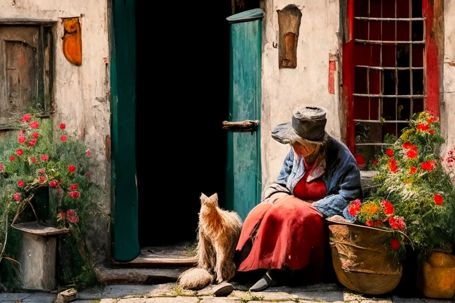 oil on roughened canvas, Textured Scumbling Technique, loose unstructured, Monet brush strokes. vintage feel. Old wooden Open housedoor with peeling paint, window next to door. An old woman with a curled sleeping cat beside her is sitting on an old tatty wooden bench. flowers, and pots. scruffy rundown pop hue of red