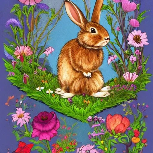 rabbit and Wonderful grimore with flowers, knowledge and fairy tale, style midjourney v4