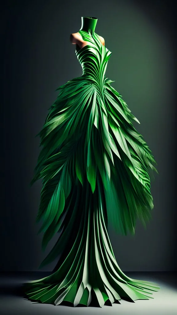 1mannequin, pageant dress, dress inspired by fan palm, pan palm, beautiful, flowing, green, elegant, full body frame, full body, hd, ultra realistic, dress displayed in the mannequin