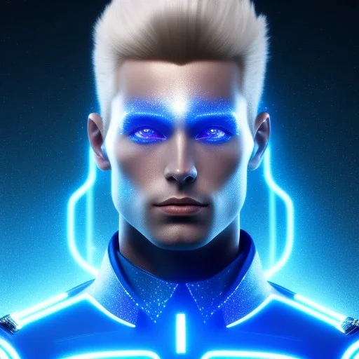 Handsome cosmic man, realistic, blond hair, blue eyes, tron glitter suit, blue lights, full of détails, 4k, cinematic, lights, stars in background, unreal engine 5