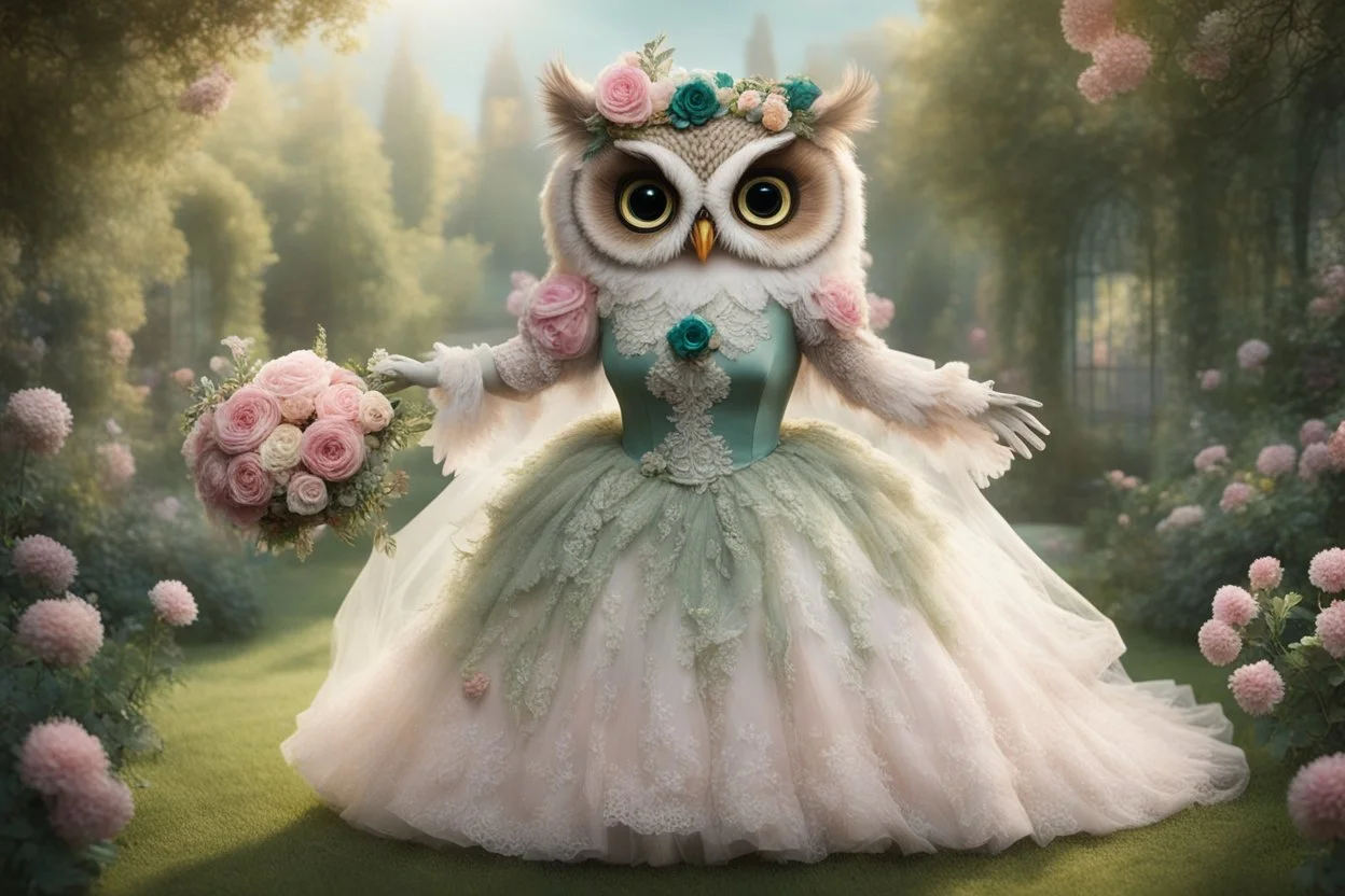 an anthropomorphic, owl bride happily throwing a bouquet in a beautiful garden. The owl has fluffy feather in shades of light brown and grey with distinct tabby markings on its face. Its large, expressive eyes are a deep emerald green and it has a small, pink nose. The owl is wearing embroidered white lace bride dress, tulle, gemstones, pearls, adorning the hem and bodice. Behind her, a celebrating crowd, owls and people dressed in elegant clothes, wedding food and cake on the tables. Behin