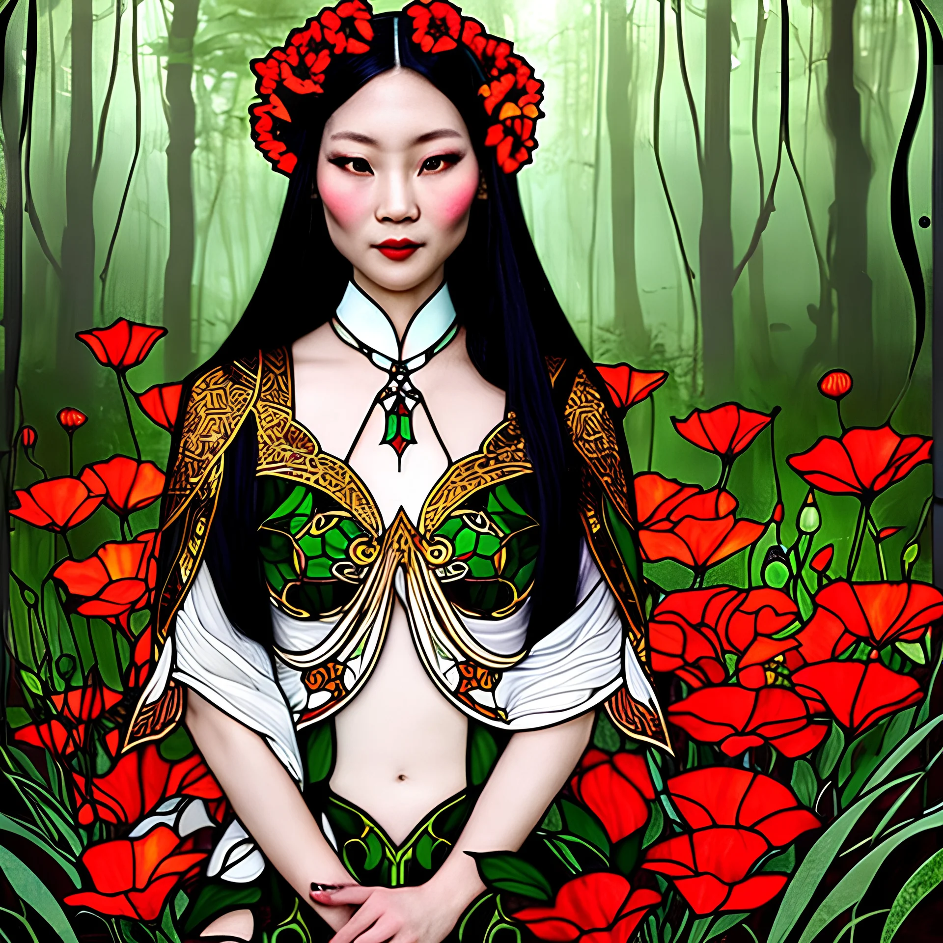 Stained Glass Art Nouveau art style A beautiful as a model asian woodland elf princess who looks like a young Lucy Liu seated on a throne surrounded by poppies in a mystical forest, photo-realistic