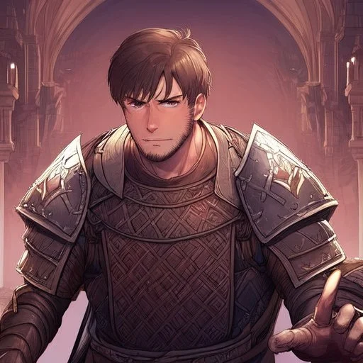 A shy and awkward young man in medieval iron armor with short brown hair