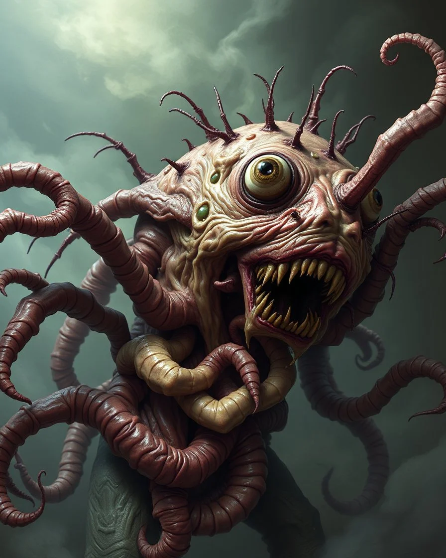 A horrific disgusting intestines and guts horror monster blob with eyeballs, teeth, needles, stingers, toxic slime, consuming a human with mutated deformed body many limbs, poisonous mutant creature, flesh, bones, anatomical structures