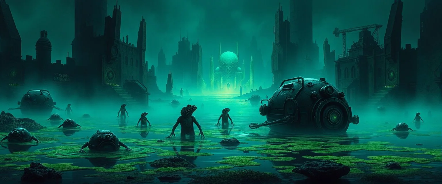 Vast flooded alien city with frog humanoids rising from glowing water, algae-covered ruins, bioluminescent fog, ancient machinery half submerged, wet reflective surfaces, melancholy sci-fi fantasy poster, airbrushed style, deep blue and green tones