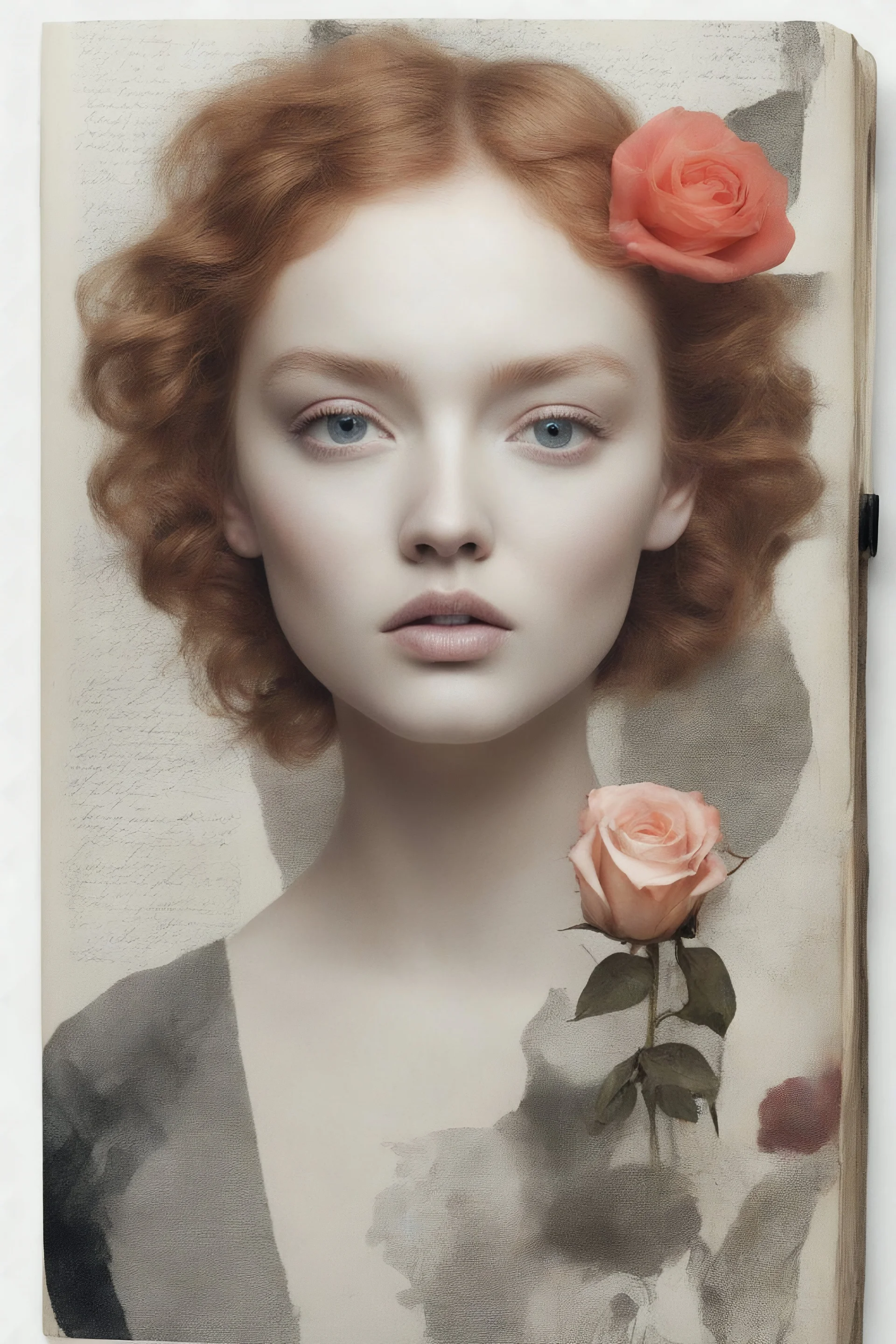Model lily cole face, a rose, , collage in a notebook